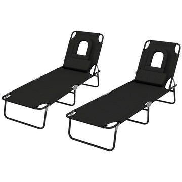 2PCS Adjustable Outdoor Lounge Chair, Garden Folding Chaise Lounge with Face Hole Reclining Tanning Chair Seat, Folding Camping Beach Lounging Bed w/ Head Support, Black