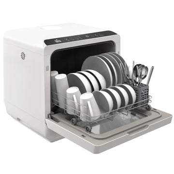 Portable Dishwasher, Counter Dishwasher with 4 Place Settings, 5 Washing Programs, Air-Dry Function, 6L Water Tank, White And Black