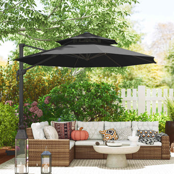 11ft Outdoor Cantilever Umbrella Rotatable Sun Shade Aluminum Market Umbrella with Adjustable Angle & Double-top Canopy for Backyard, Poolside, Lawn and Garden Dark Grey
