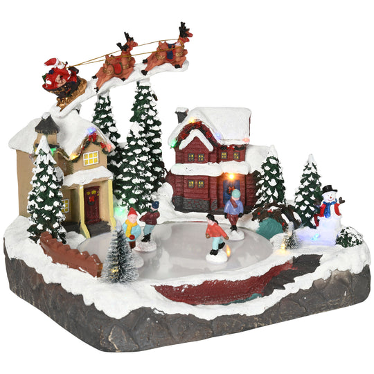 Christmas Village, Santa and Deer Skating Pond Animated Winter Wonderland Set with Multicolored LED Light, Plug-In Christmas Decoration