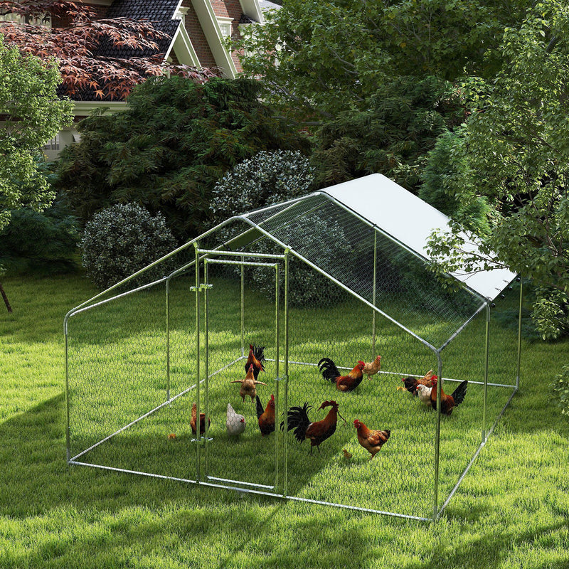 Metal Chicken Coop, 9.8 x 11.2 FT Walk-in Chicken Run with Cover, Lockable Door, Outdoor Poultry Cage for 10-15 Chickens