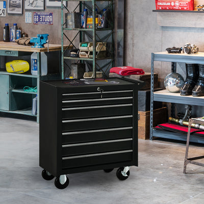Rolling Tool Chest, 7-Drawer Lockable Tool Cabinet with 4 Wheels, Handle, Toolbox Storage Organizer for Garage, Workshop, Repair Shop, Black