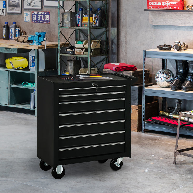 Rolling Tool Chest, 7-Drawer Lockable Tool Cabinet with 4 Wheels, Handle, Toolbox Storage Organizer for Garage, Workshop, Repair Shop, Black