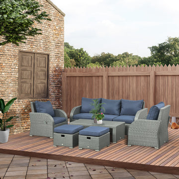 6 Pieces Patio Furniture with Cushions, PE Wicker Sectional Furniture Conversation Set with a 3-Seat Sofa, 2 Recliner Chairs, 2 Footstools, Table, Dark Blue