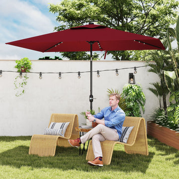 6' x 10' Patio Umbrella with 22 LED Solar Lights and Tilt, Rectangular Outdoor Table Umbrella with Crank, Wine Red