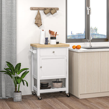 Kitchen Cart on Wheels, Rolling Kitchen Island Cart with Wood Top, Towel Rack, Drawer and Shelf for Dining Area, White