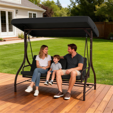 Convertible Patio Swing Bed with Canopy and Cushions, 3 Seater Porch Swing for Outdoor, Backyard, Garden, Black