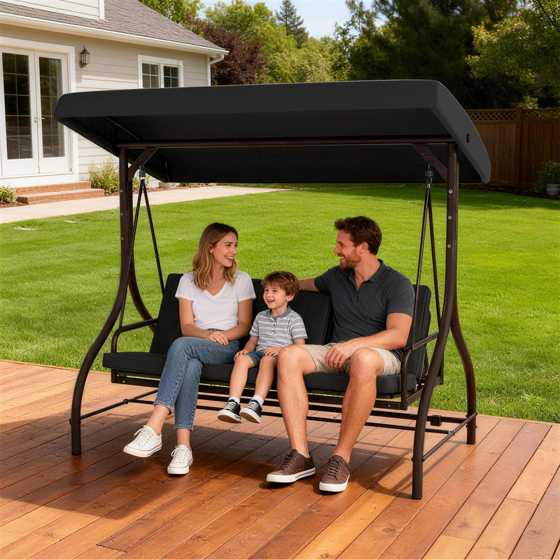 Convertible Patio Swing Bed with Canopy and Cushions, 3 Seater Porch Swing for Outdoor, Backyard, Garden, Black