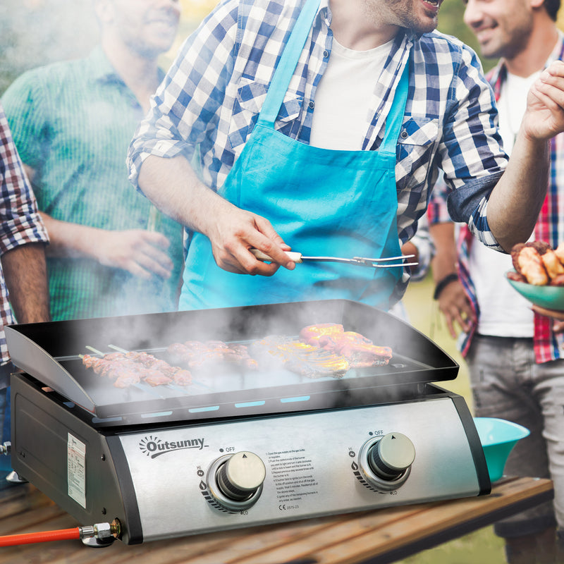 2 Burner Liquefied Gas Grill, Portable Tabletop BBQ Grill, for Camping, Picnic, Silver