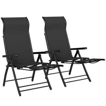Ensemble de 2 chaises de patio pliantes, chaises longues d'extérieur 5 positions avec dossier haut, repose-pieds rétractable, noir