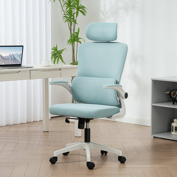 High Back Office Chair, Mesh Computer Chair with Rotatable Headrest, Lumbar Back Support, Adjustable Height, Light Blue