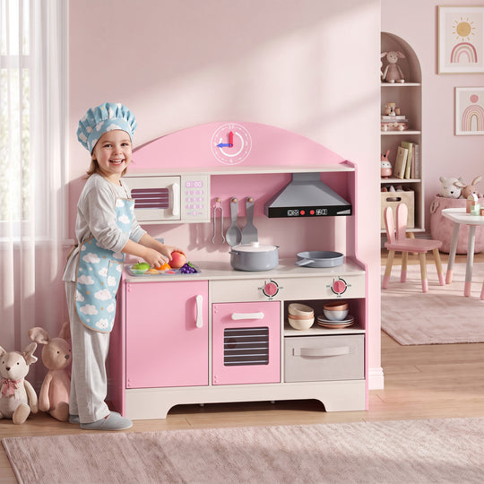 Wooden Play Kitchen Set for Kids with Real Lights & Sounds, 5PCs Accessories, Gift for Boys & Girls, Ages 3-6, Pink