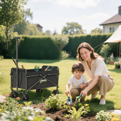Small Collapsible Folding Garden Cart, Heavy Duty Lawn Wagon with Universal Wheels and Adjustable Handle, Black