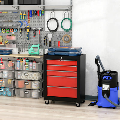 Lockable Tool Cabinet, 5-Drawer Rolling Tool Chest with 4 Universal Wheels, Black and Red