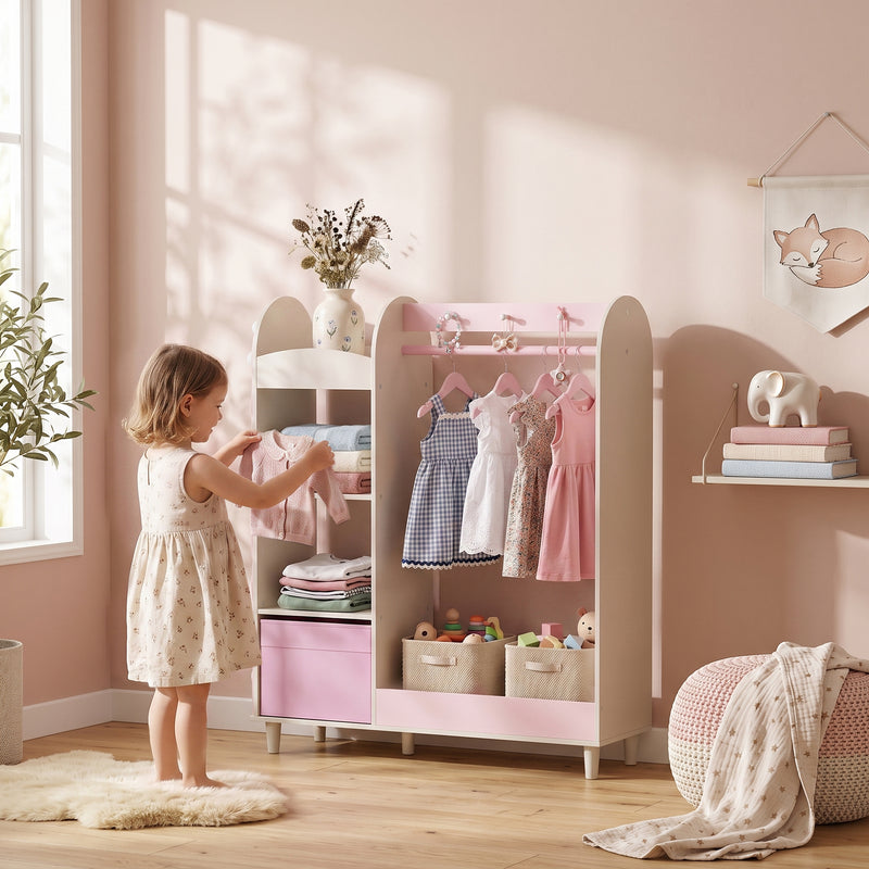 Qaba Kids Clothing Rack, Kids Wardrobe with Glowing Lights Mirror, Non-Woven Drawer and Shelves for Bedroom, Ages 3-8, Pink