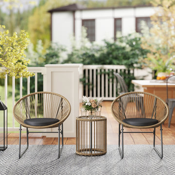 Outdoor Bistro Set, 3 Piece Wicker Patio Furniture Set with 2 Chairs and Glass-Top Table, Natural Wood