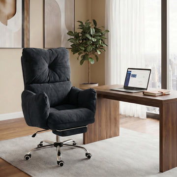 Office Chair with Foot Rest, Ergonomic Reclining Computer Gaming Chair w/ Snow Flannel Fabric, Thick Cushion, Black