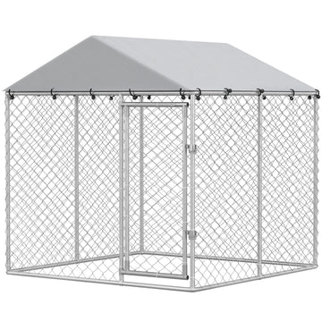 6.6' x 6.6' x 6.6' Outdoor Dog Kennel Heavy Duty Galvanized Steel with UV-resistant Roof, Silver