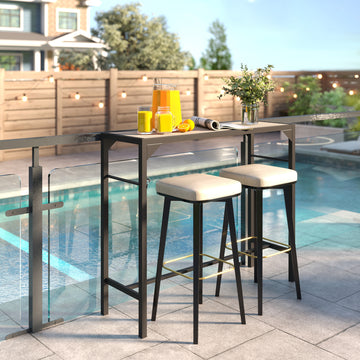 Bar Height Outdoor Table with Built-In Bottle Opener, Patio Bar Table with Wood Grain Plastic Top, 47.2