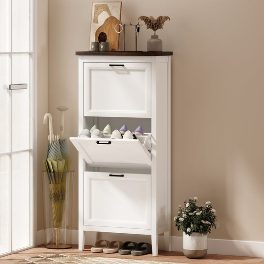 Shoe Cabinet with 3 Flip Drawers, Farmhouse Narrow Shoe Storage Cabinet with Adjustable Shelves, White