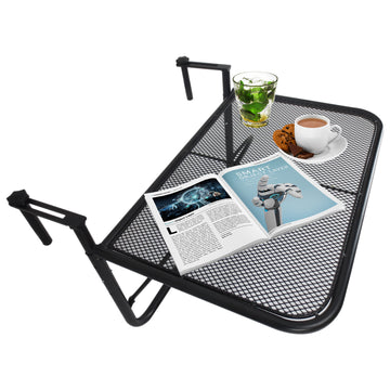 Adjustable Balcony Hanging Railing Table, Metal Mounting Mini Wall Desk Storage Rack, Outdoor Flower Stand Serving Table Rectangle, Black
