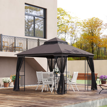 10'x10' Soft-top Patio Gazebo with Double Tier Roof, Mesh Curtains, Display Shelves, Top Hooks