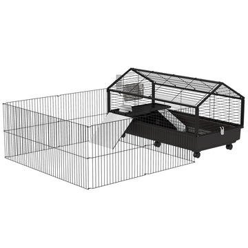 Guinea Pig Cage with Foldable Detachable Playpen, Rolling Rabbit Chinchilla Hedgehog Bunny Cage Small Animal Habitat with Water Bottle, Hay Feeder, 47