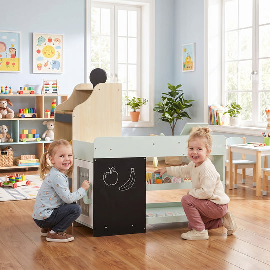 Kids Grocery Store Playset, Wooden Play Store with Play Food, Cash Register, Chalkboard, 44 Accessories for Ages 3-6