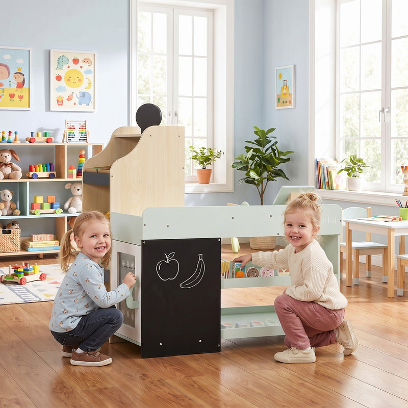 Kids Grocery Store Playset, Wooden Play Store with Play Food, Cash Register, Chalkboard, 44 Accessories for Ages 3-6