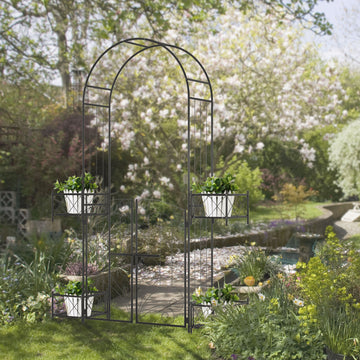 7.1FT Metal Garden Arch with Gate and 4 Planter Boxes, Garden Arbor Trellis for Climbing Plants, Outdoor Wedding, Decoration, Bridal Party, Black