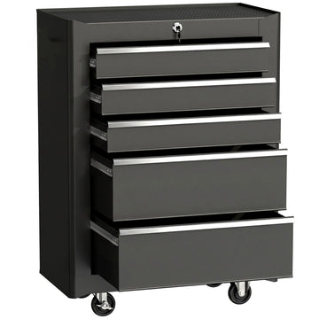 5-Drawer Rolling Tool Cabinet on Wheels, Lockable Tool Chest, Tool Organizer for Garage, Factory and Workshop, Black