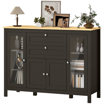 Buffet Cabinet Sideboard with 2 Drawers, 3 Storage Cabinets, Glass Doors and Adjustable Shelves, Dark Brown
