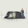 2-4 Man Camping Tent, 3000mm Waterproof Tunnel Tent with 2 Rooms, Sewn-in Groundsheet, 3 Doors and Hook