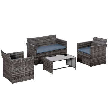 4 Pieces Patio Furniture Set with Cushions, Outdoor PE Rattan Wicker Conversation Garden Sofa Set with 2-Seater Chairs & Glass Coffee Table, Grey