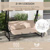 3-Seat Outdoor Patio Swing Chair, 2-in-1 Convertible Flat Bed, Canopy Swing with Adjustable Shade, Removable Cushions, Cup Holder, Light Brown
