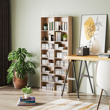 9-Tier DVD Shelf with 18 Compartments and 14 Adjustable Shelves, Holds 640 CDs, 360 DVDs or 430 Blu-rays, Natural Wood