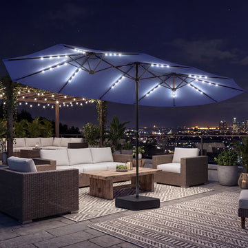 Double-sided Patio Umbrella with Base Included & 48 LED Lights 15ft Dark Blue