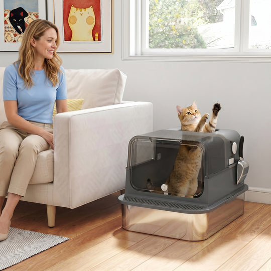 XXL Stainless Steel Cat Litter Tray, Enclosed Cat Litter Box for Big Cats with High Sides, Scoop, Easy Clean, Black