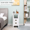Slim End Table with 2 Drawers and Storage Shelf, Sofa Side Table for Living Room, Narrow Nightstand, White