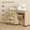 Sewing Machine Table on Wheels, Folding Craft Table with 2 Bins, Storage Shelf, 18 Pegs, Lockable Wheels, Natural