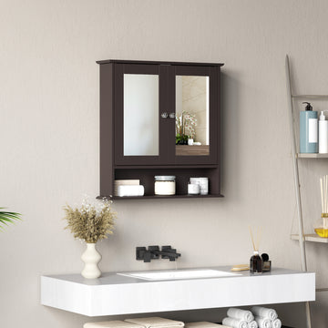 Medicine Cabinet, Wall-Mounted Bathroom Mirror Cabinet with Double Doors, Open Shelf, and Adjustable Shelf, Modern Bathroom Wall Cabinet, Dark Brown