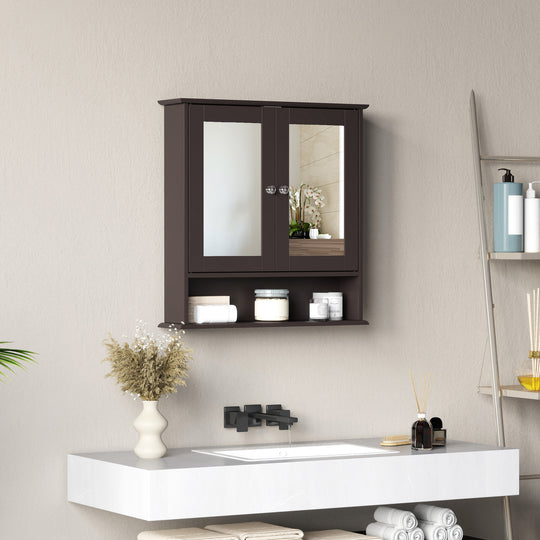Medicine Cabinet, Wall-Mounted Bathroom Mirror Cabinet with Double Doors, Open Shelf, and Adjustable Shelf, Modern Bathroom Wall Cabinet, Dark Brown