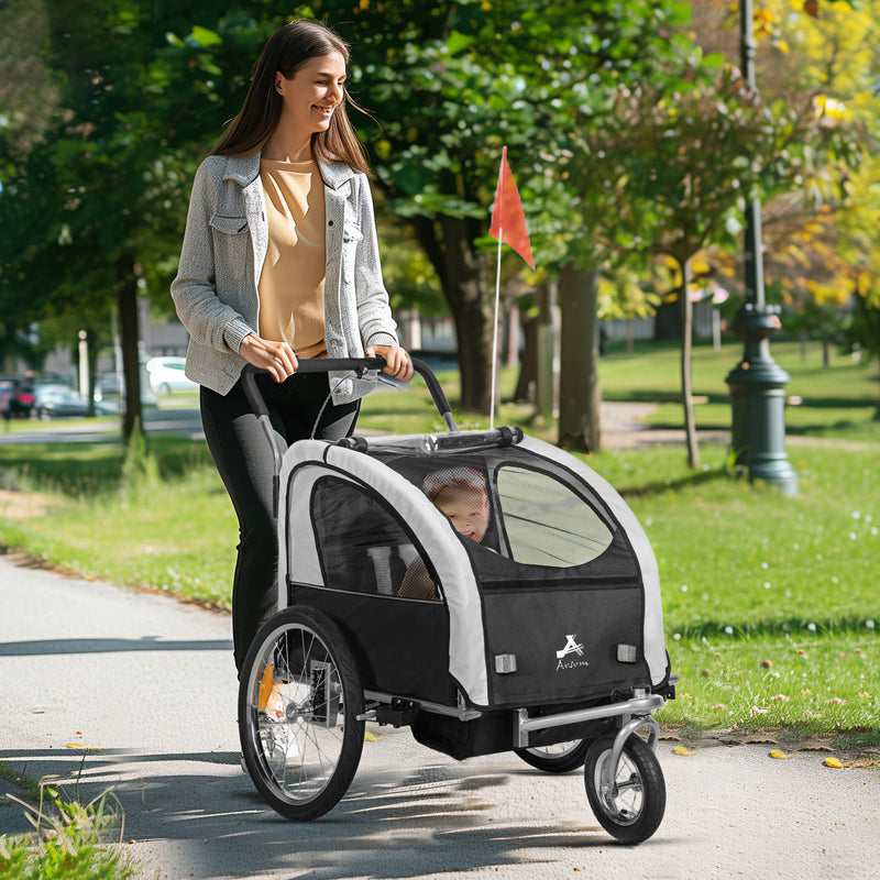 2-in-1 Bike Trailer for Kids, Foldable 2-Seat Baby Stroller with 5-Point Harness, Rubber Wheels, Storage Bag, Black