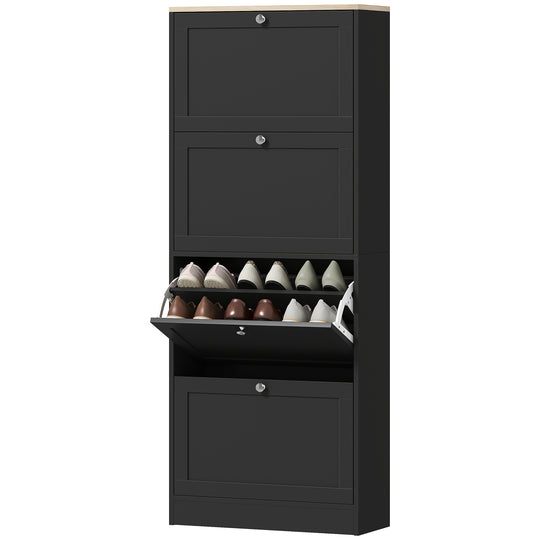 Modern Shoe Storage Cabinet with 4 Flip Drawers and Adjustable Shelves, Shoe Cabinet for 18-24 Pairs of Shoes, Black