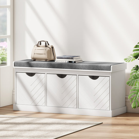Shoe Storage Bench, Linen-Look Entryway Bench with 3 Removable Drawers and Padded Seat Cushion for Hallway, White