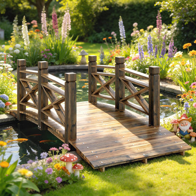 Garden Bridge Wooden Arch Footbridge with Safety Rails Carbonized