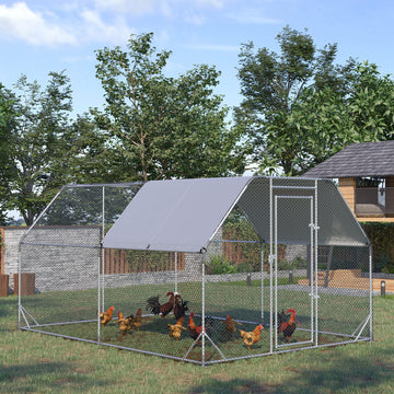 Chicken Run, Galvanized Large Metal Chicken Coop Cage, Walk-in Enclosure Poultry Hen Run House Playpen Rabbit Hutch with Flat Roof, Cover, 9.2' x 12.5' x 6.5', Silver