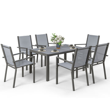 7 Piece Outdoor Dining Set with Rectangular Table and 6 Stackable Chairs, for Backyard, Lawn, Deck, Balcony, Pool Side