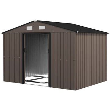 11' x 9' Metal Storage Shed Garden Tool House with Double Sliding Doors, 4 Air Vents for Backyard, Patio, Lawn Dark, Brown