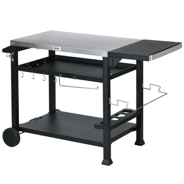 3-Shelf Outdoor Grill Cart Table with Foldable Side Table and Stainless Steel Table Top, Pizza Oven Stand on Wheels